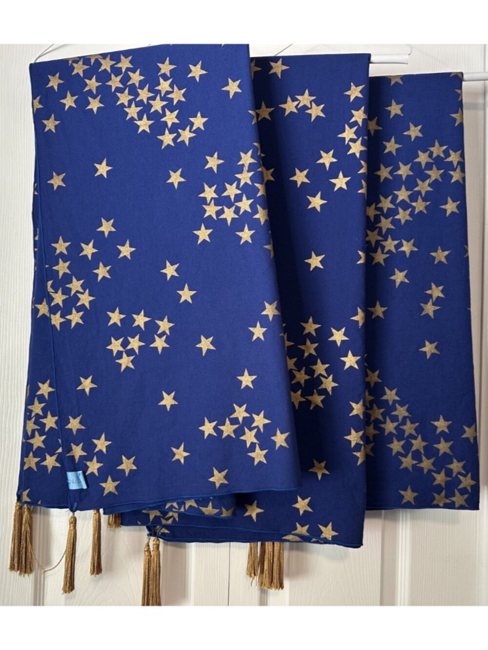 3 tablecloth blue gold stars tassels celestial square card table VTG 47x49 CLEAN